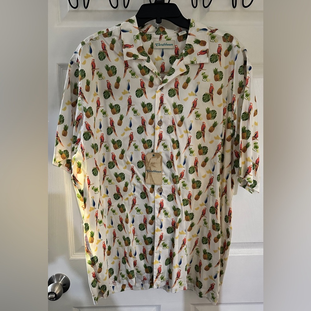 Caribbean Men's Parrot and Pineapple Print Shirt - White